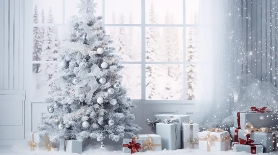 Árbol de Navidad decorado rodeado de regalos y paisaje invernal