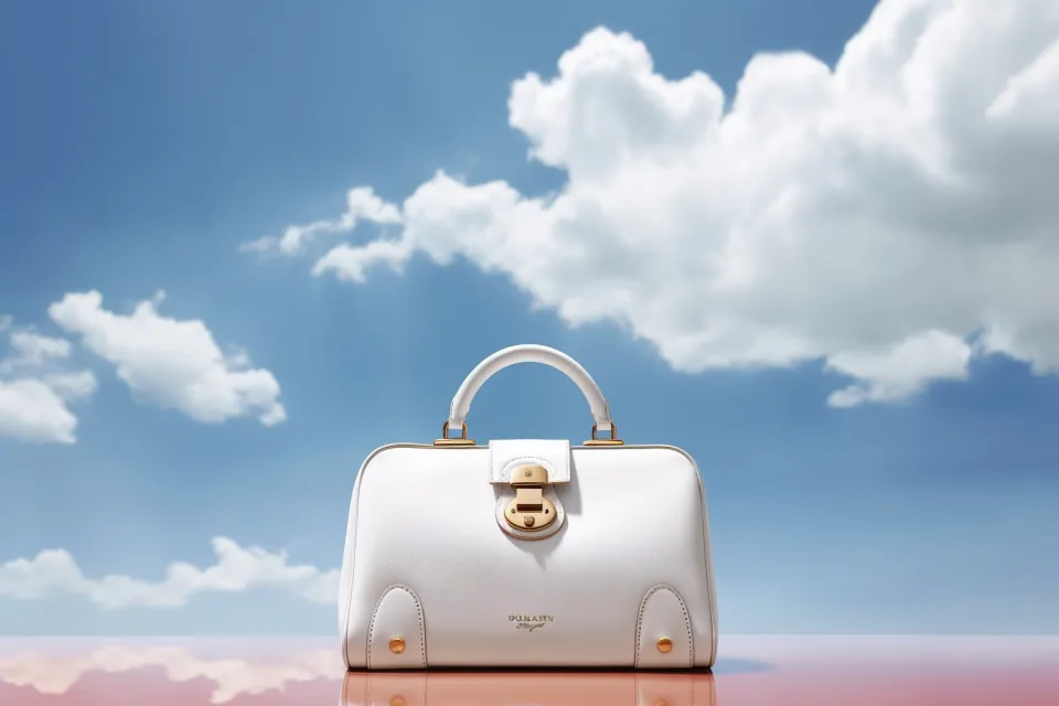 Moderna bolsa blanca con acentos dorados frente a un cielo azul con nubes