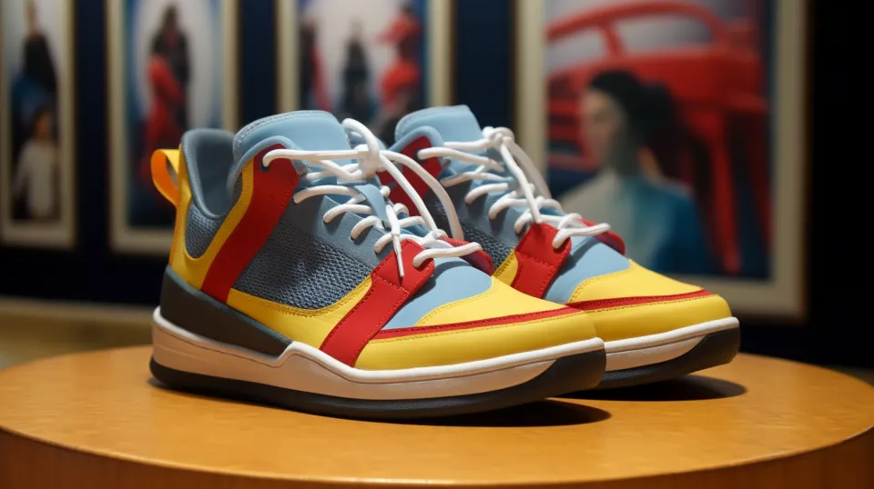 Sneakers with bright colors and stylish design on a wooden surface