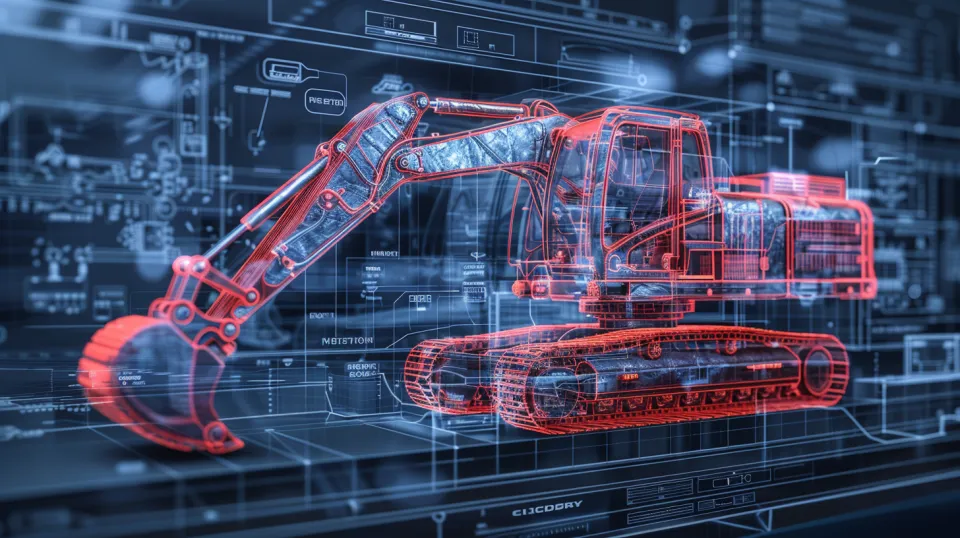 3D illustration of an excavator with technological schematics