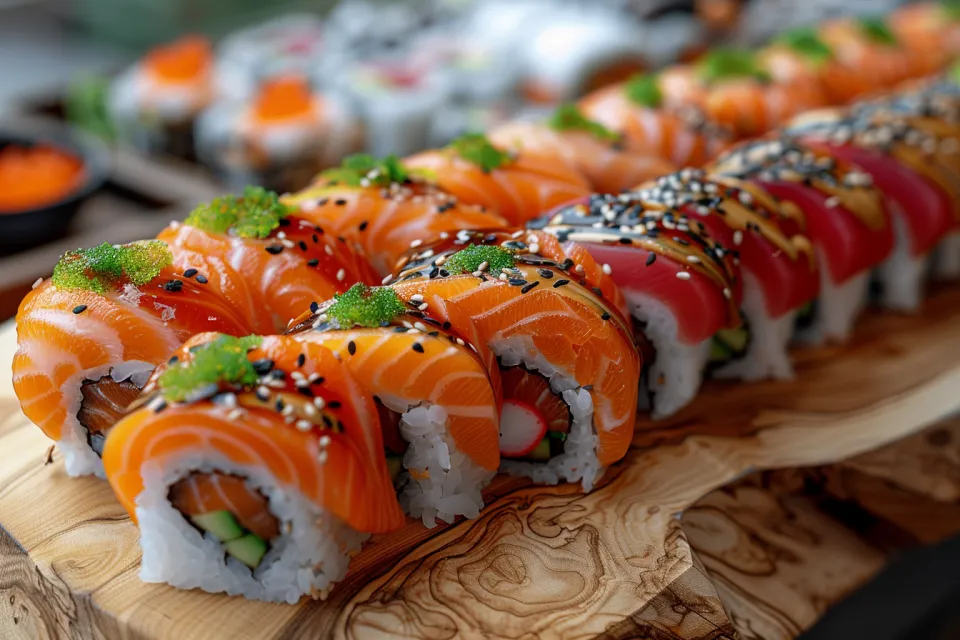 Sushi with Salmon and Octopus Served on a Wooden Plate