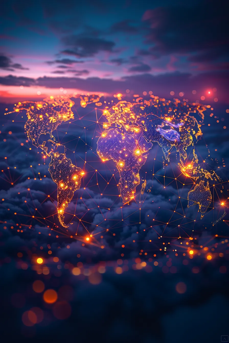 Engaging visual representation of the world with illuminated continents and networks