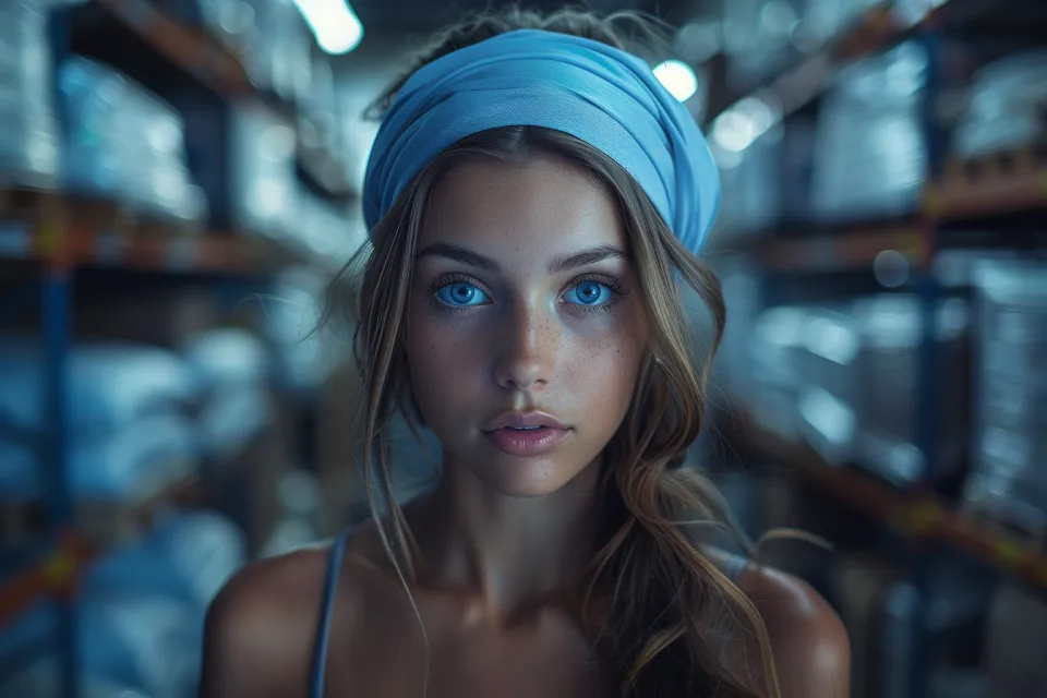 Portrait of a young woman with long hair and a blue headband against a warehouse background