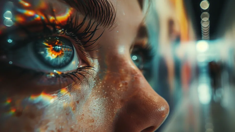 Primer plano de un ojo con brillantes reflejos y múltiples colores