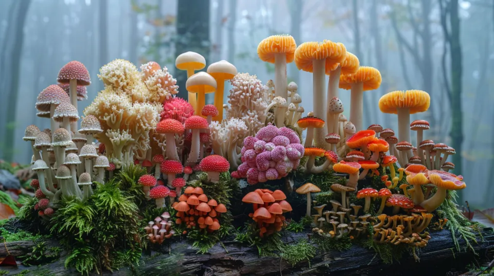 Various mushrooms of different shapes and colors on the forest floor