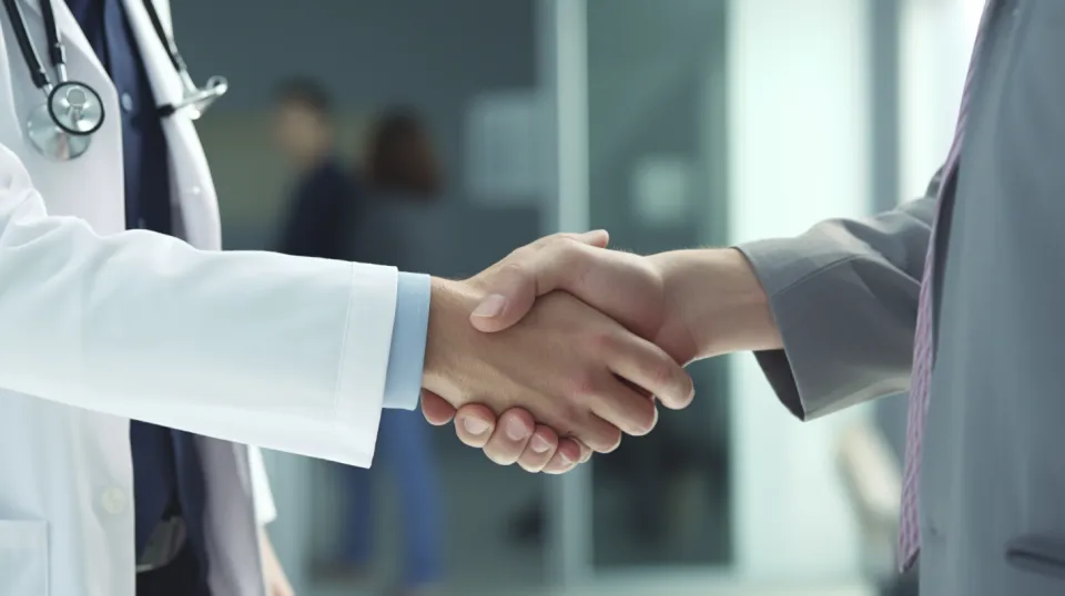 Doctor in a white coat shaking hands with a businessman
