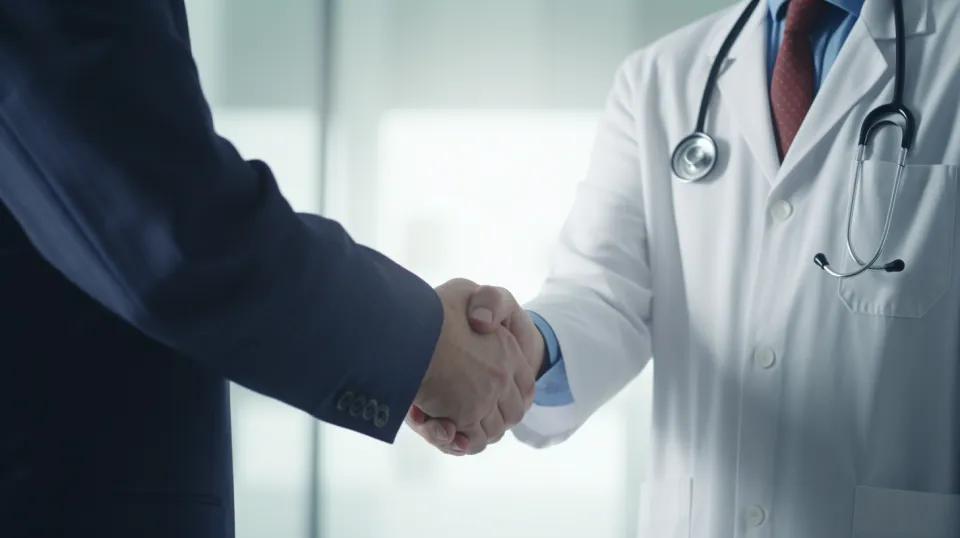 A doctor in a white coat shakes hands with a patient in an office