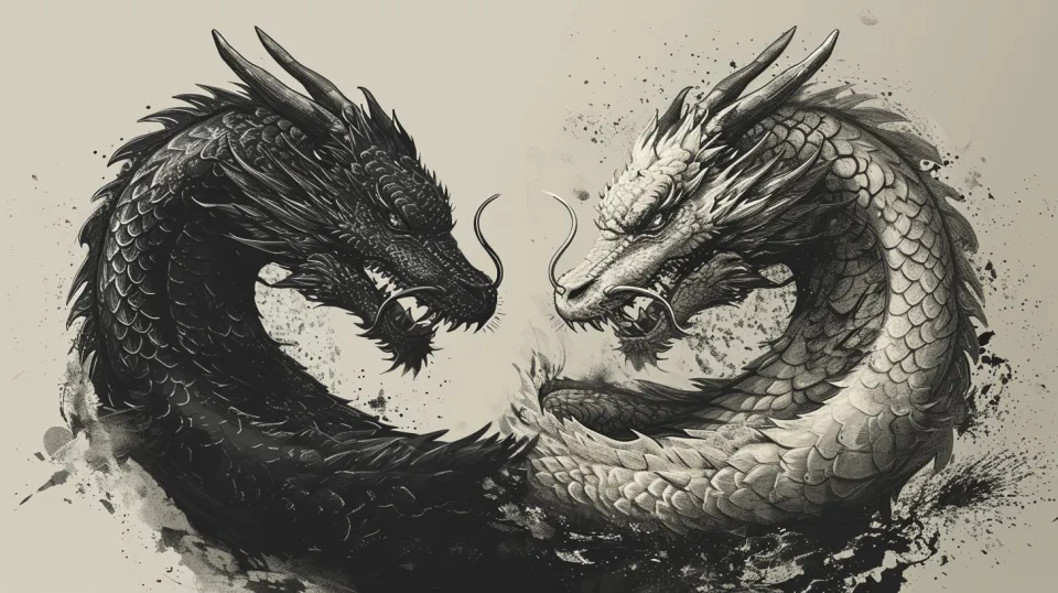 Black and white dragon fighting in an artistic interpretation