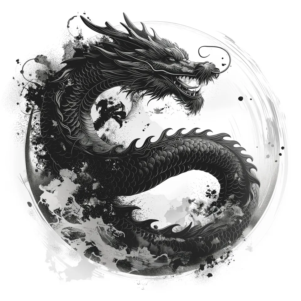 Illustration of a black dragon with a detailed head and a twisting body