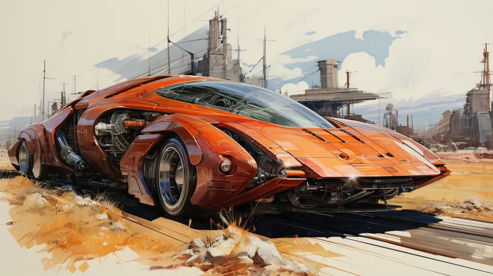 Coche concepto naranja brillante contra un fondo de ciudad en ruinas