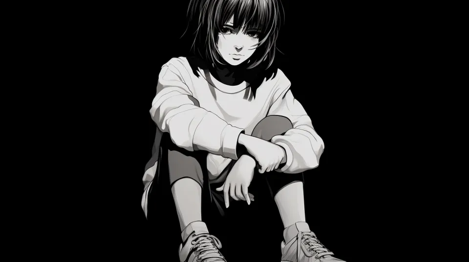 Anime character thoughtfully sitting on the floor in a dark environment