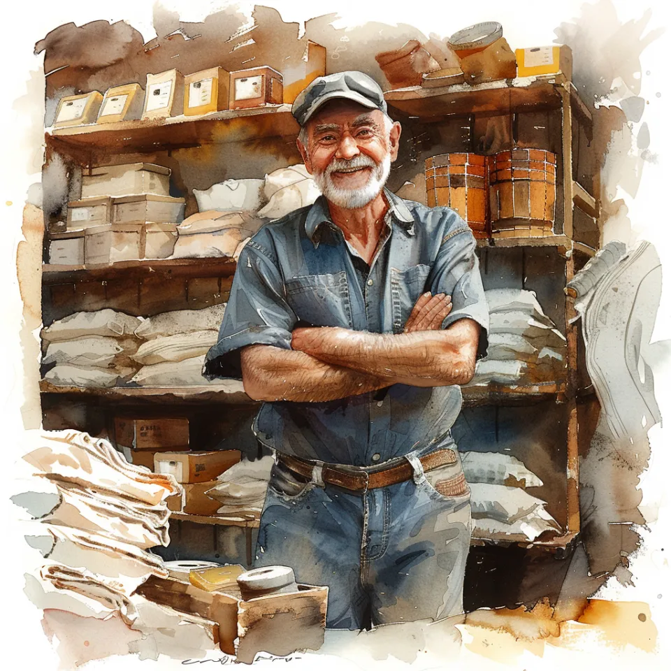 Brave elderly man with a beard in front of shelves with products