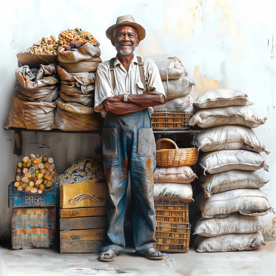Senior seller against a background of sacks and baskets filled with harvest