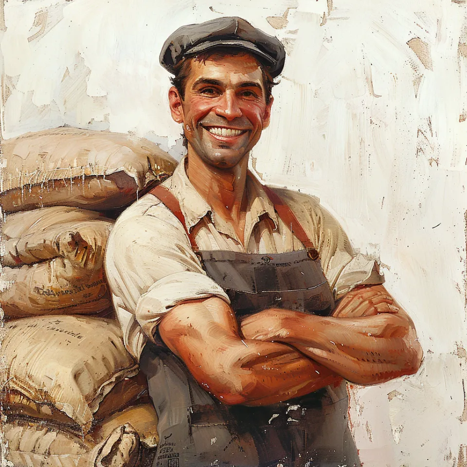 Man in work clothes posing in front of sacks