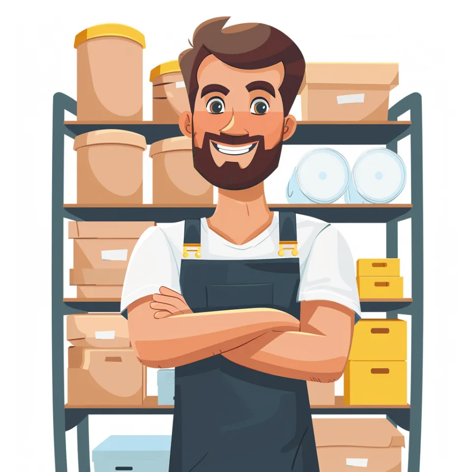 Bearded man standing in front of shelves with packages and containers