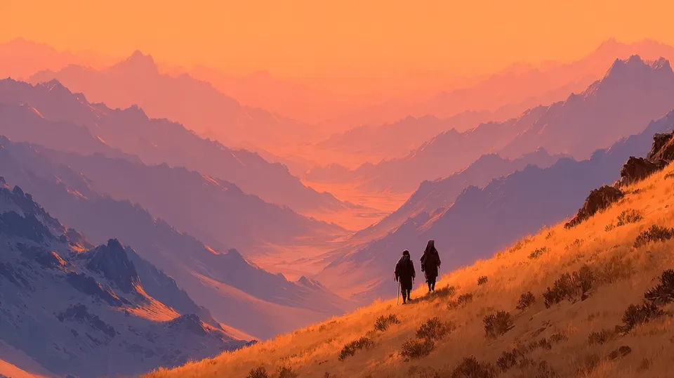 Dos personas caminan por un sendero montañoso al atardecer, rodeados de majestuosas montañas