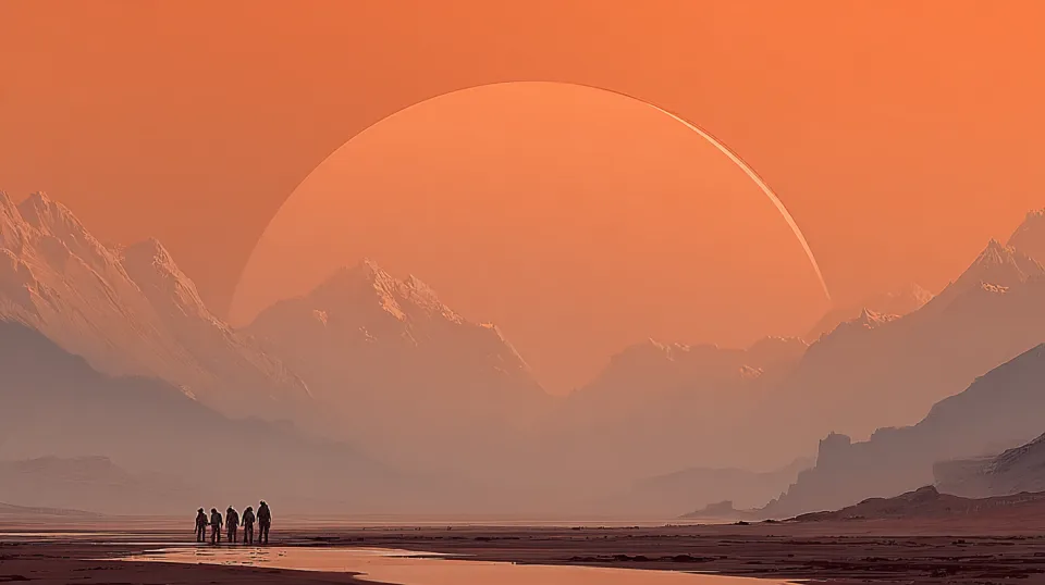 A group of people in spacesuits against the backdrop of a giant planet and mountains