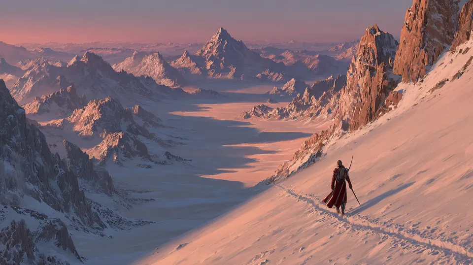 Majestic mountains with a snowy landscape against the backdrop of sunset