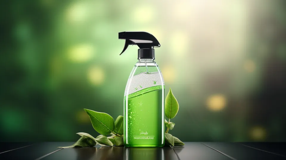 Bottle of natural cleaning agent against a backdrop of lush nature