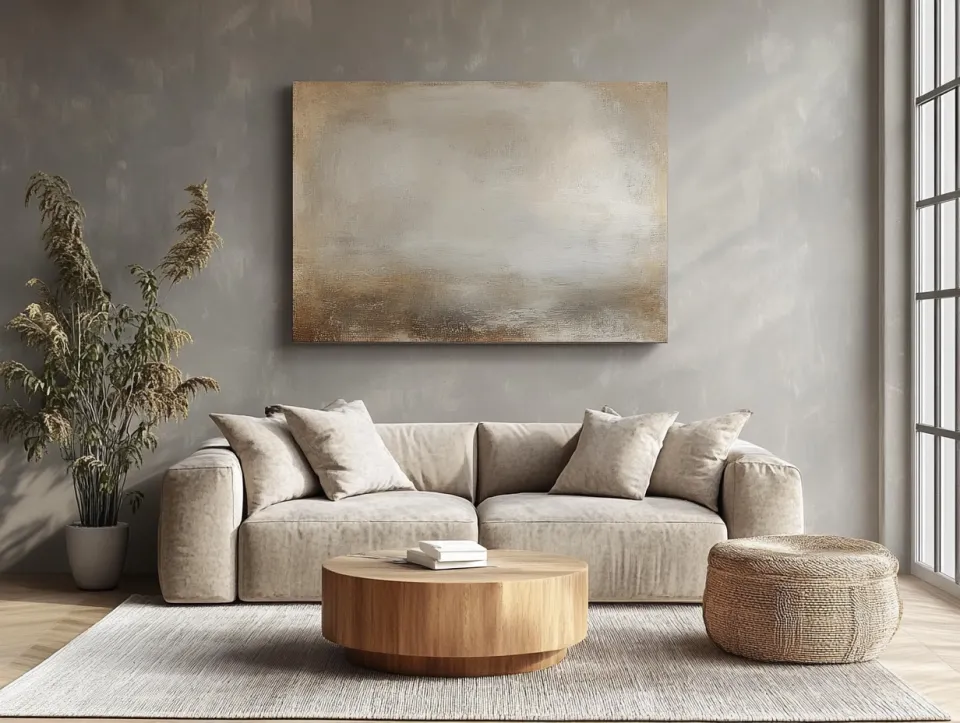 Modern interior with a sofa, table, and abstract painting on the wall