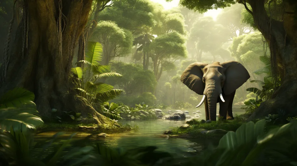 An elephant stands by a crystal-clear stream in a dense tropical forest