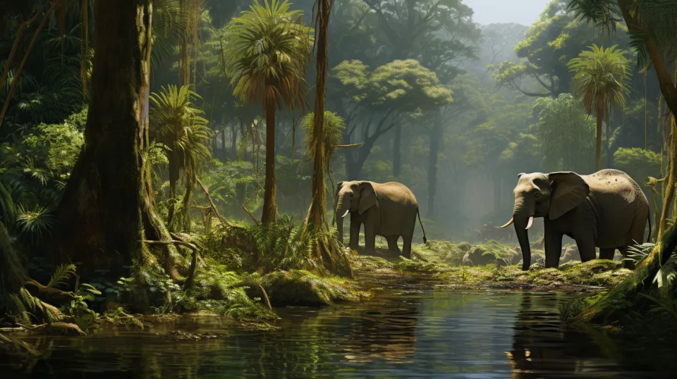 Dos elefantes en la orilla de un río en una densa selva tropical