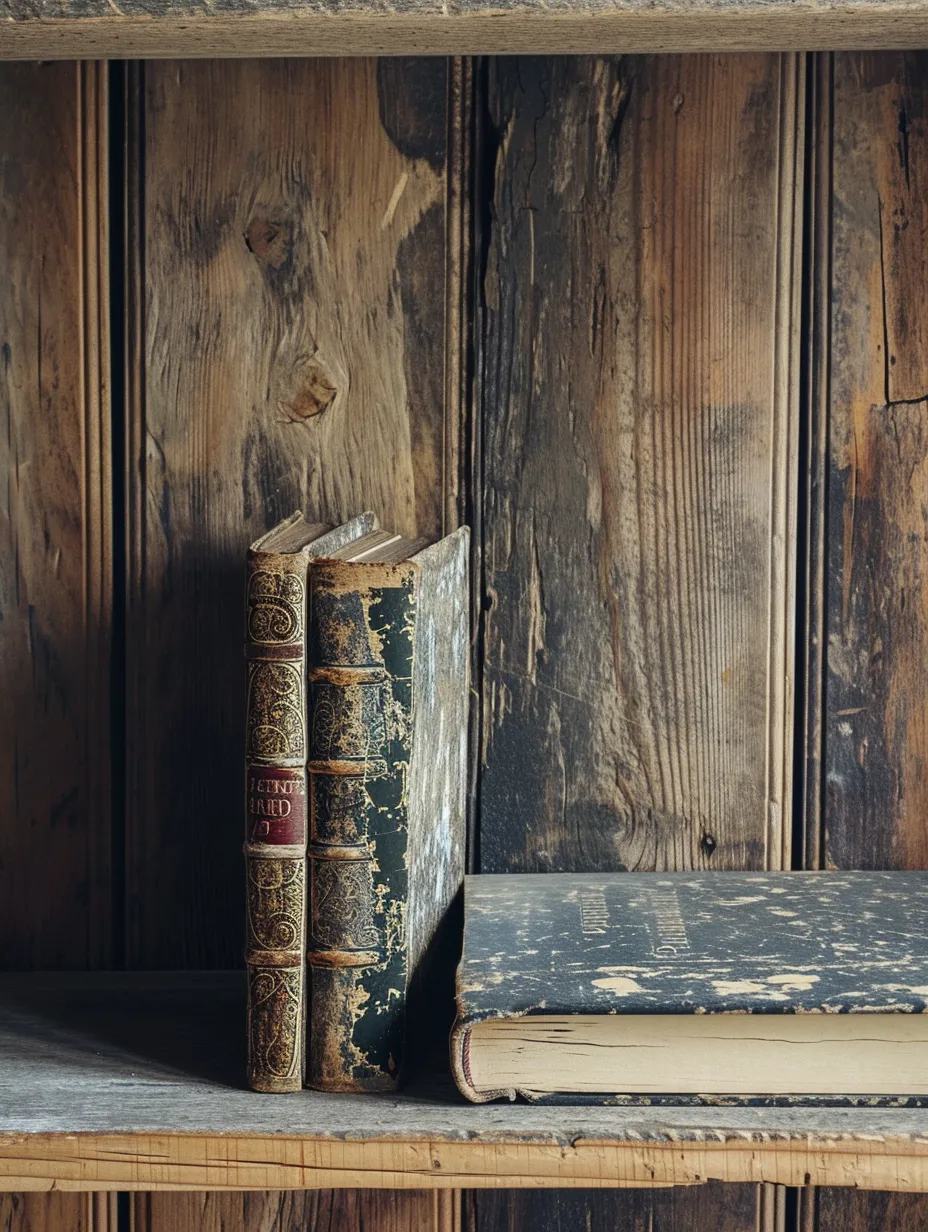 Pequeña colección de libros anticuarios frente a una pared de madera