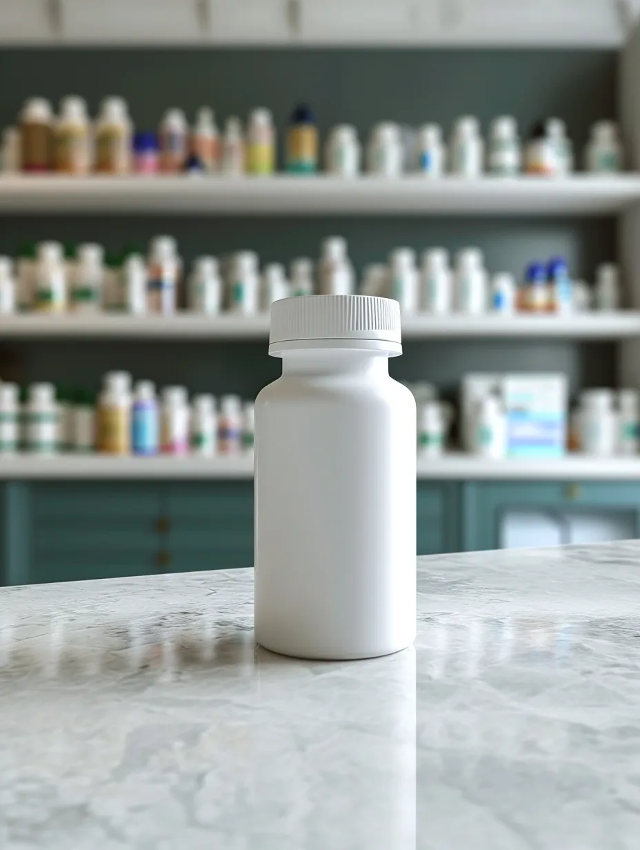 A white plastic bottle sits on a table in a pharmacy store