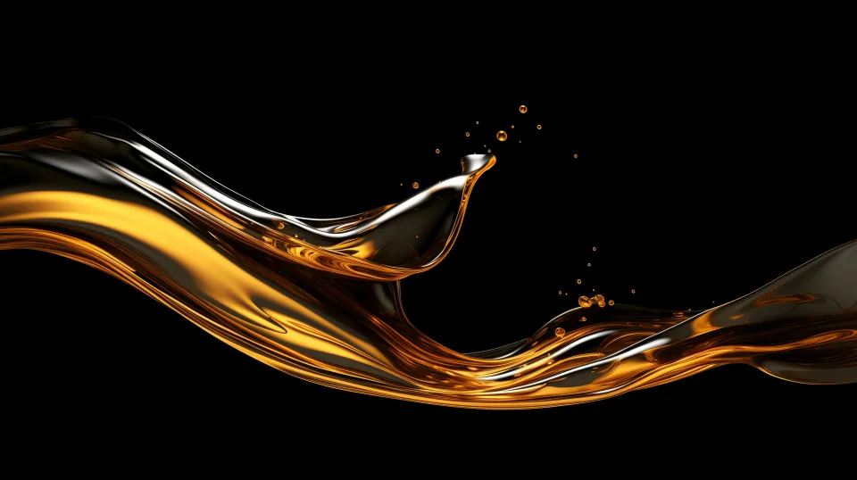 Image of a flowing wave of golden liquid with splashes on a black background