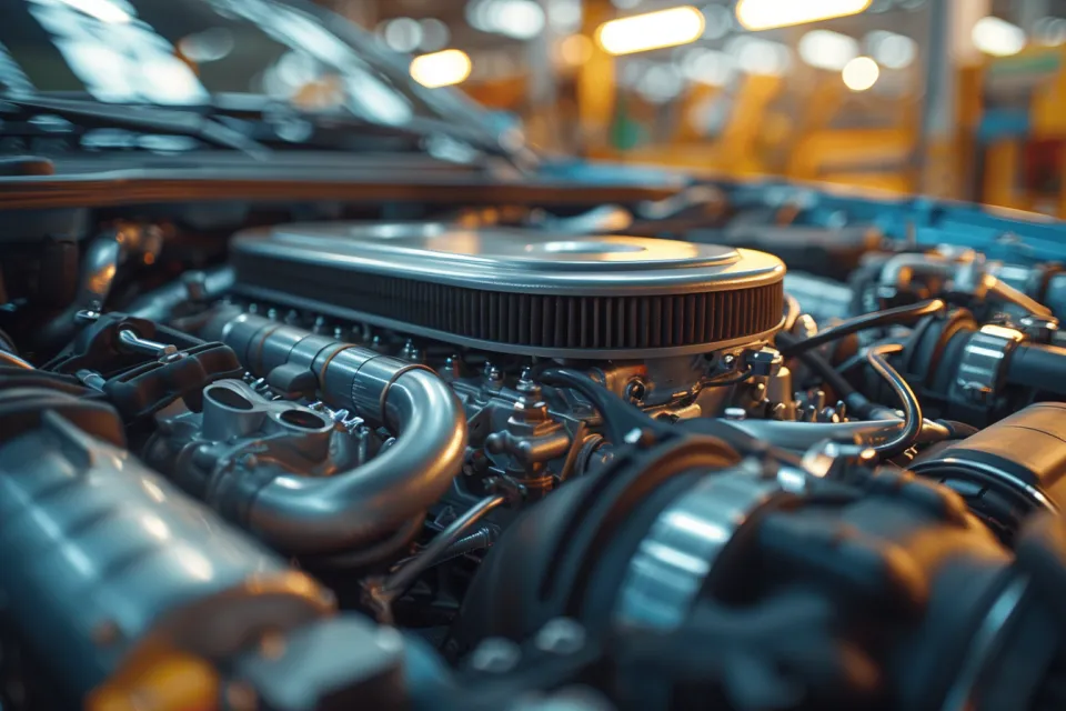 Primer plano de las piezas del motor de automóvil con elementos metálicos y tubos