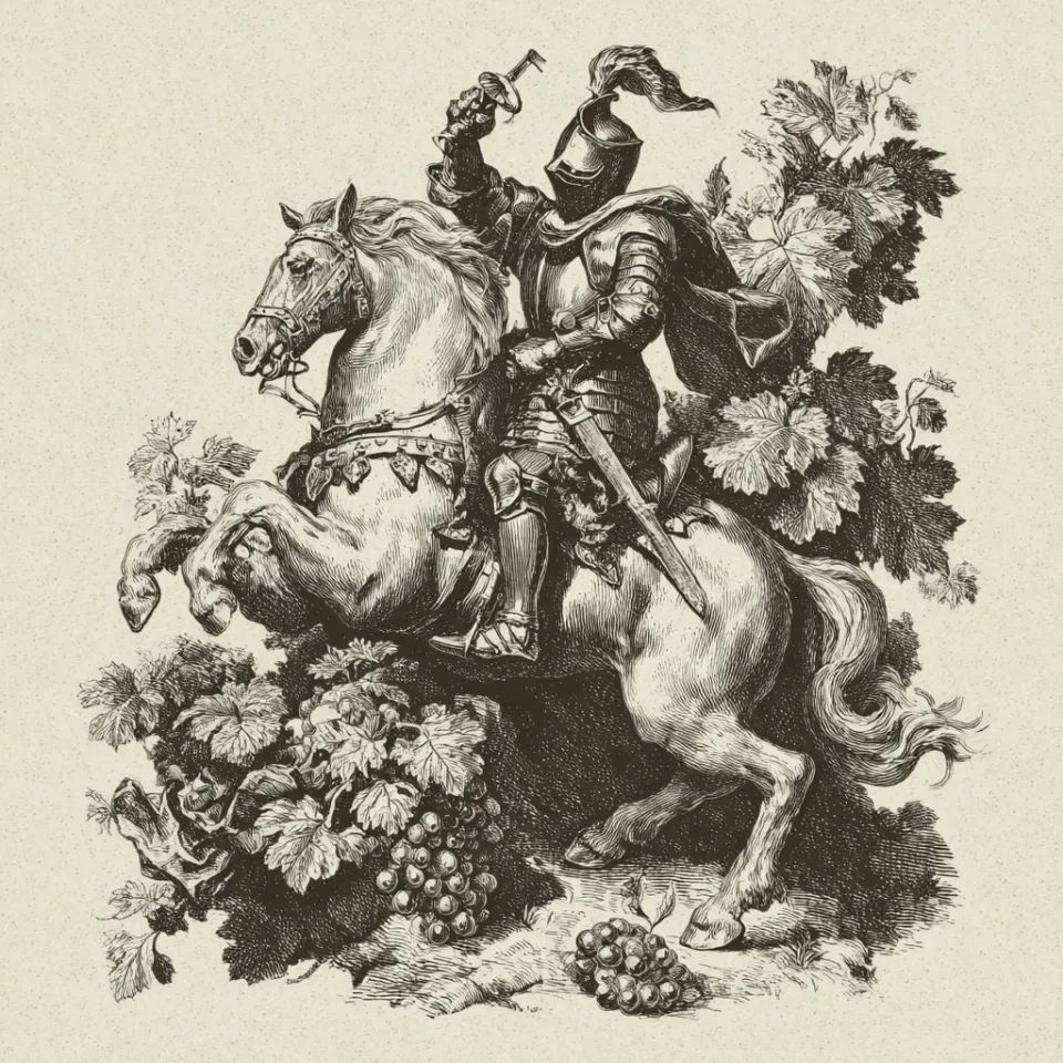 Illustration of a knight in armor on a horse surrounded by grapes