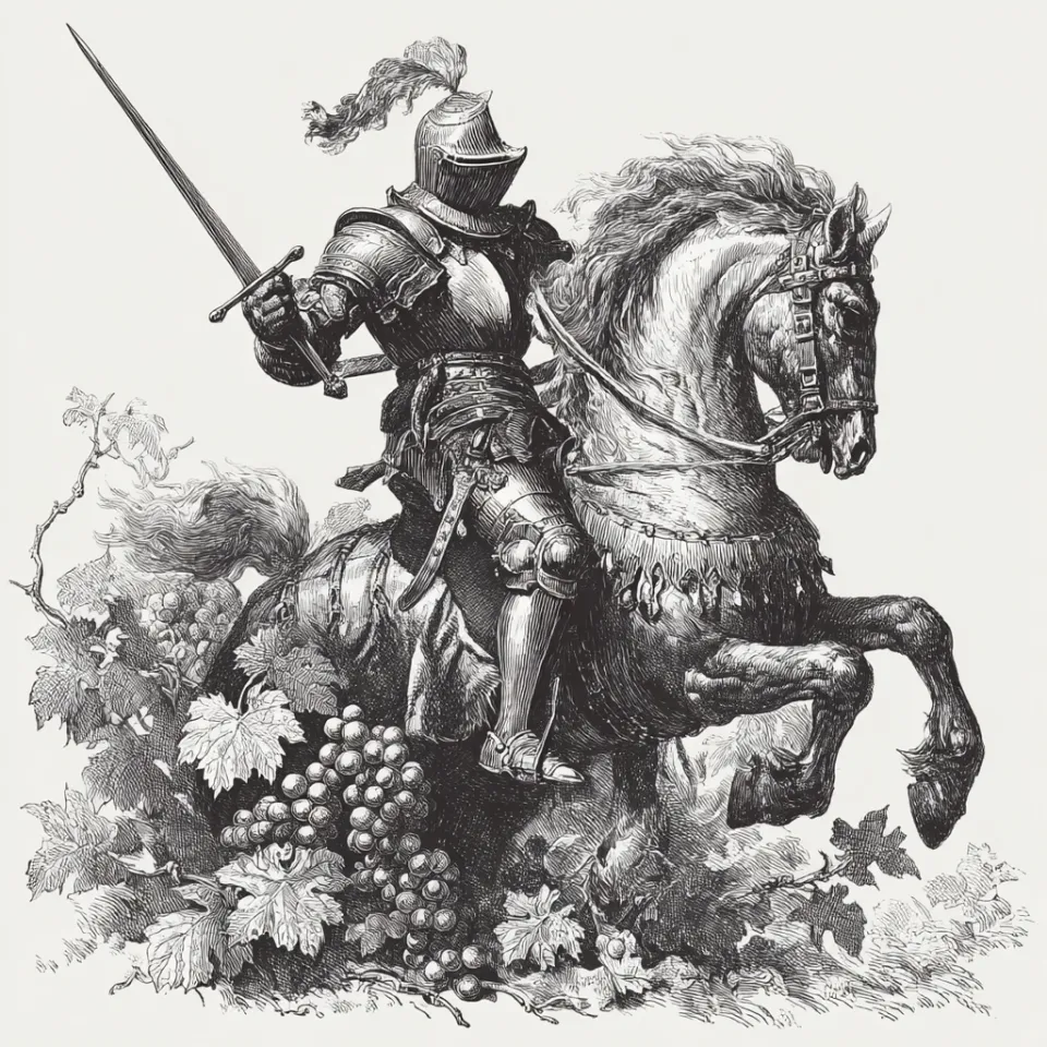 Image of a knight on horseback, surrounded by vines and clusters of grapes.