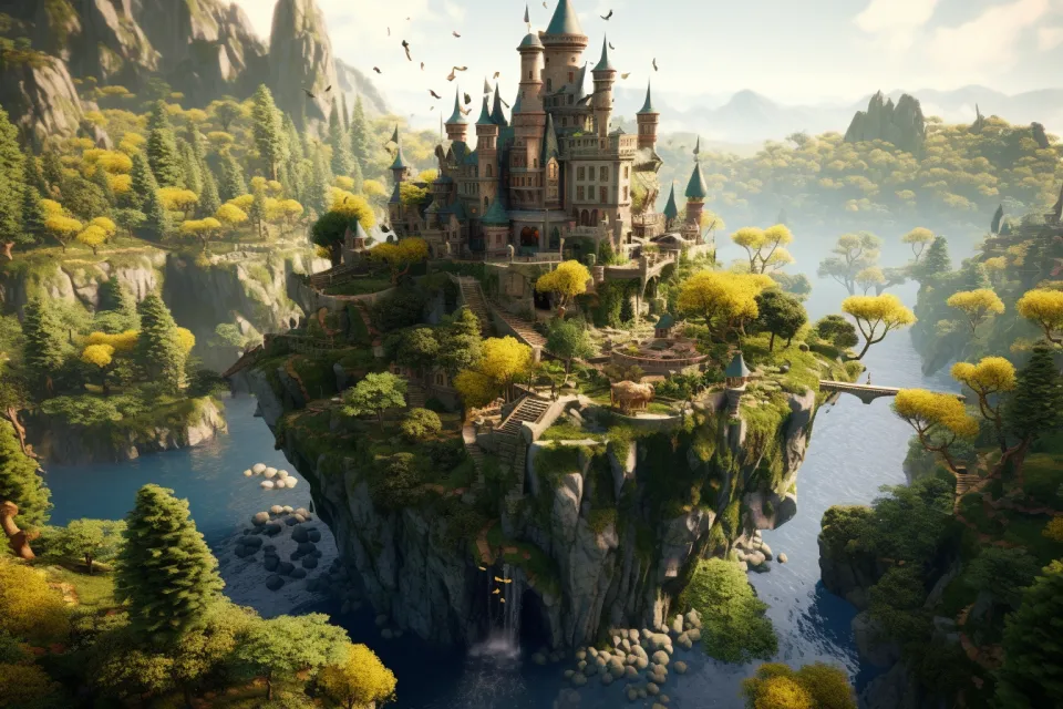 Fairy tale castle surrounded by nature and water bodies