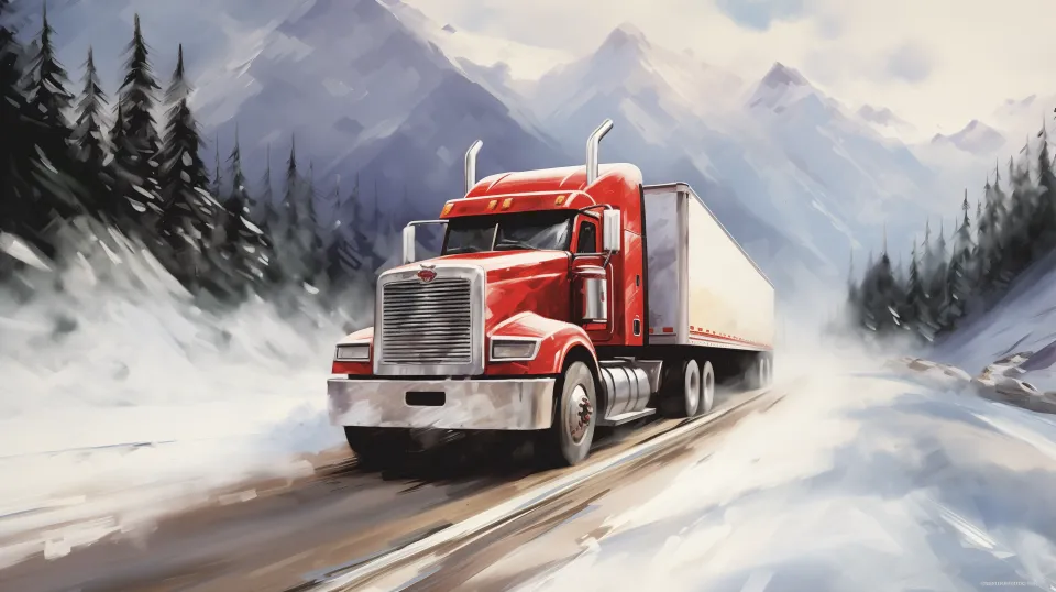 A truck traverses a snowy road among the mountains