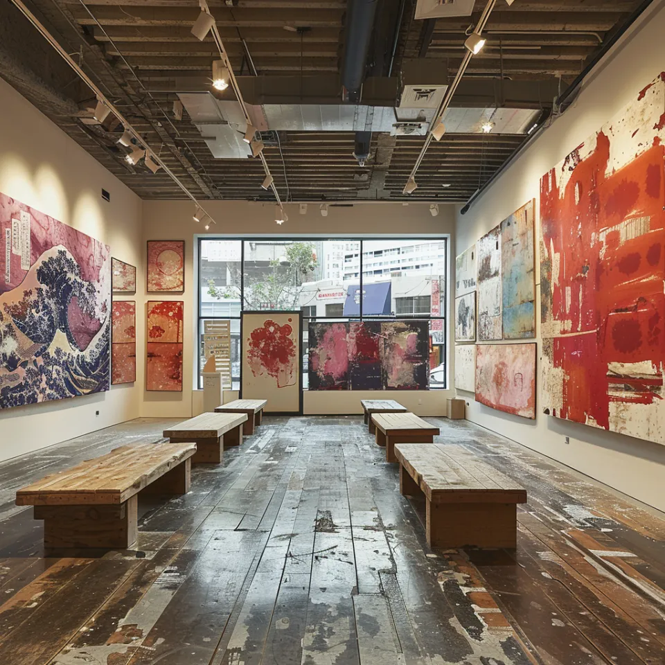 Interior view of an art gallery with paintings and wooden benches