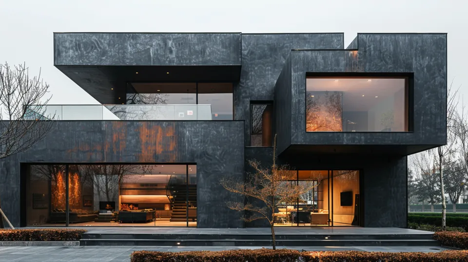 Modern building with black facade and glass windows