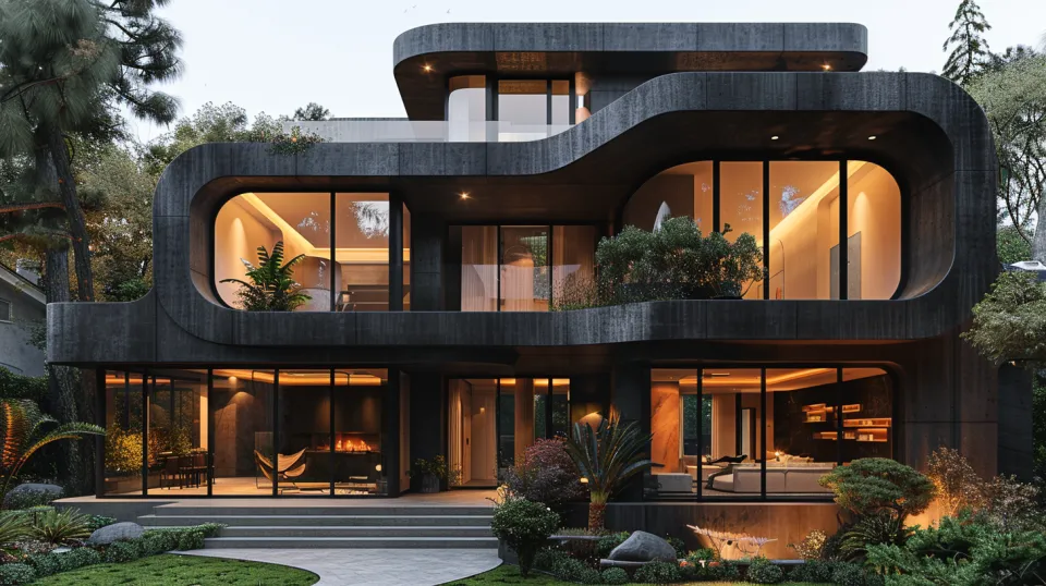 Stylish house with rounded shapes and large windows overlooking the garden