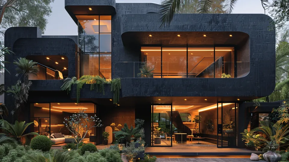 Elegant black house with large windows and surrounding garden