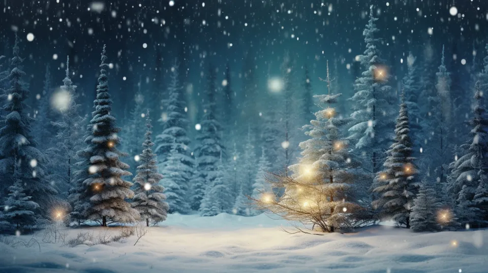 Bosque nevado con abetos iluminados en una noche de invierno