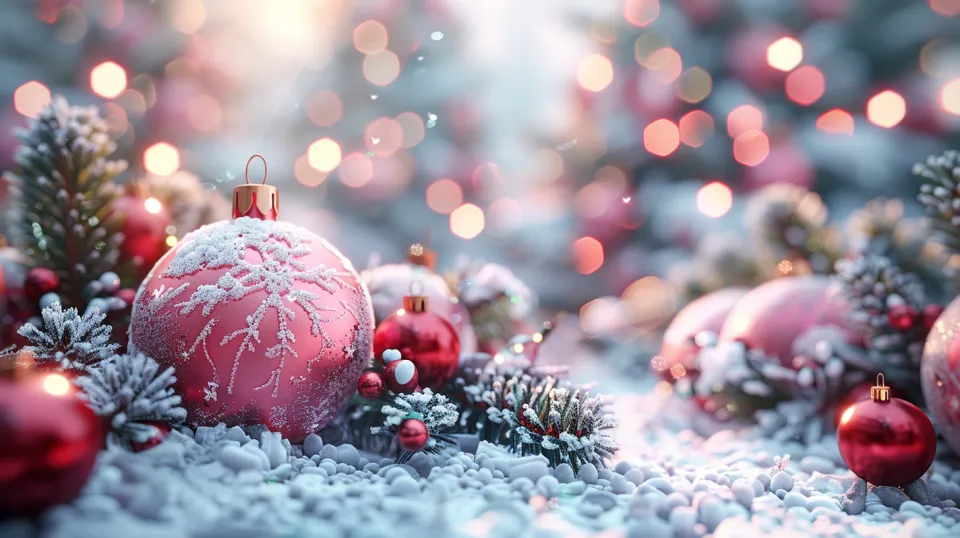 Festive composition with Christmas baubles and snowy branches