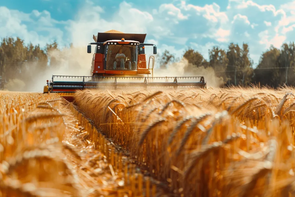 A combine harvester gathers wheat in a golden field under a sunny sky