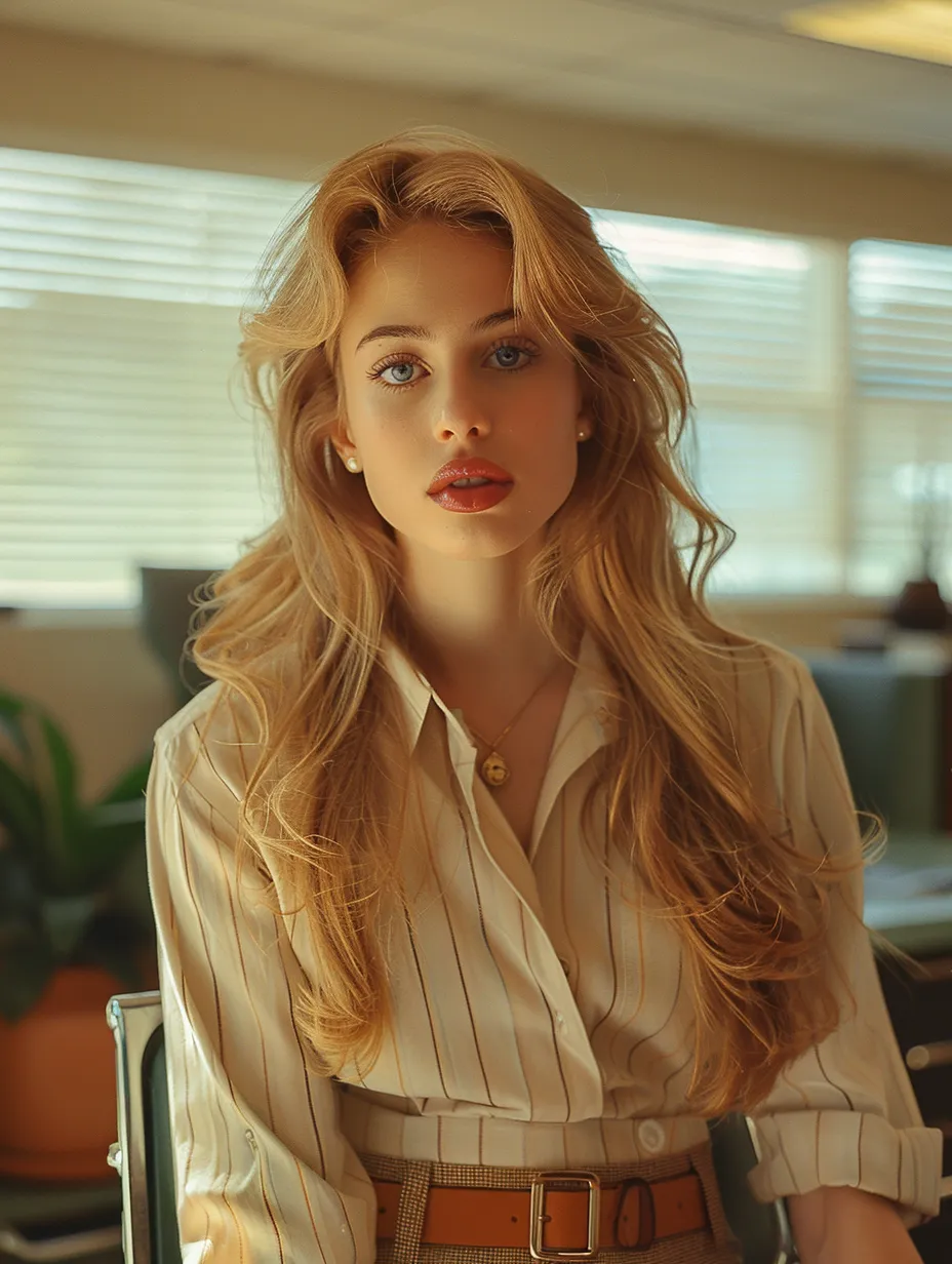 Portrait of a young woman with long blonde hair in an office