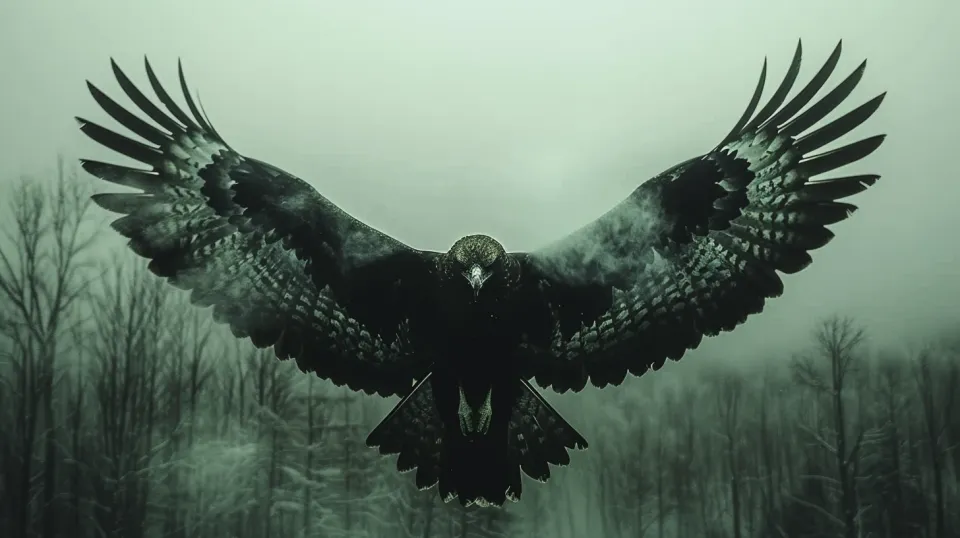 Black Sparrow with Broadly Outstretched Wings in a Misty Forest