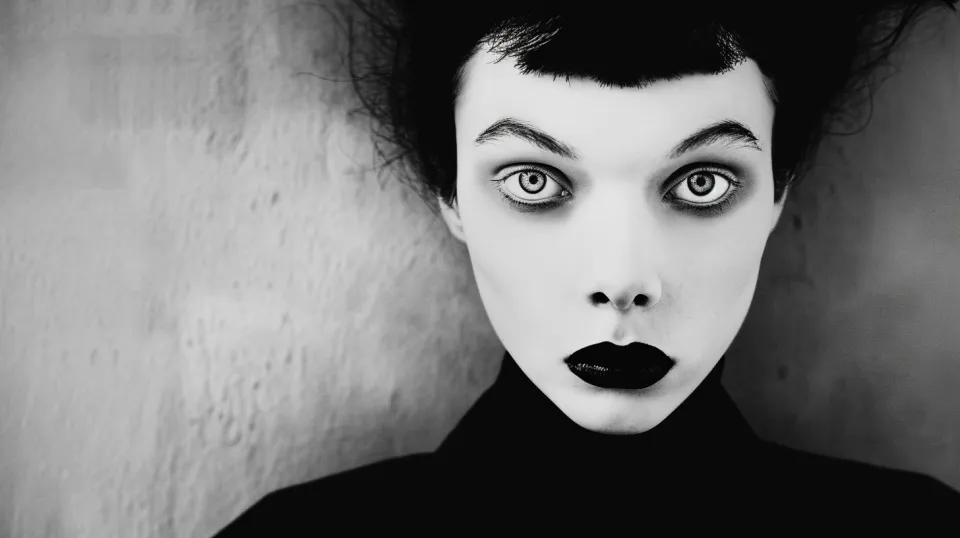 Portrait of a person with expressive facial features and black makeup