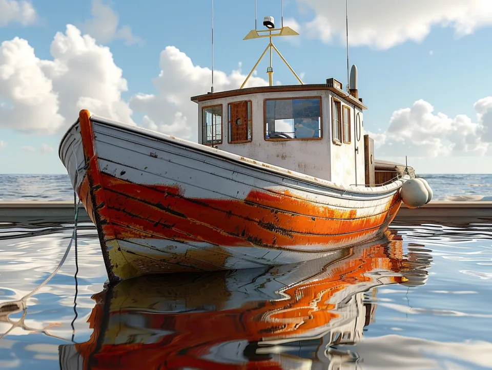 Wooden yacht with a distinctive design against a backdrop of sea and clouds