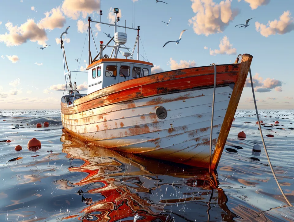 Rusty fishing vessel on the water under a cloudy sky