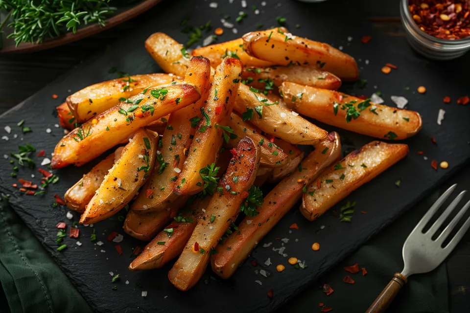 Appetizing potato wedges on a black stone background with herbs