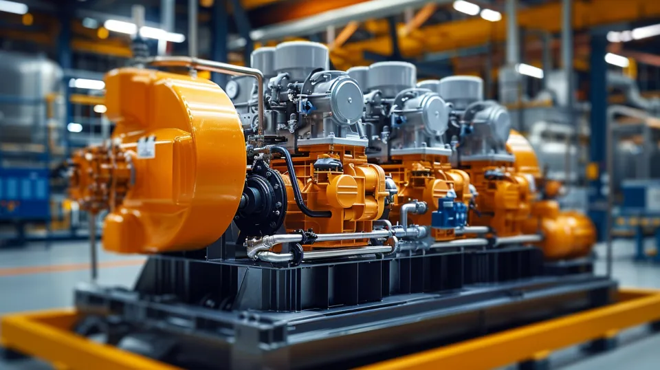 Four modern engines installed in a production workshop with bright details
