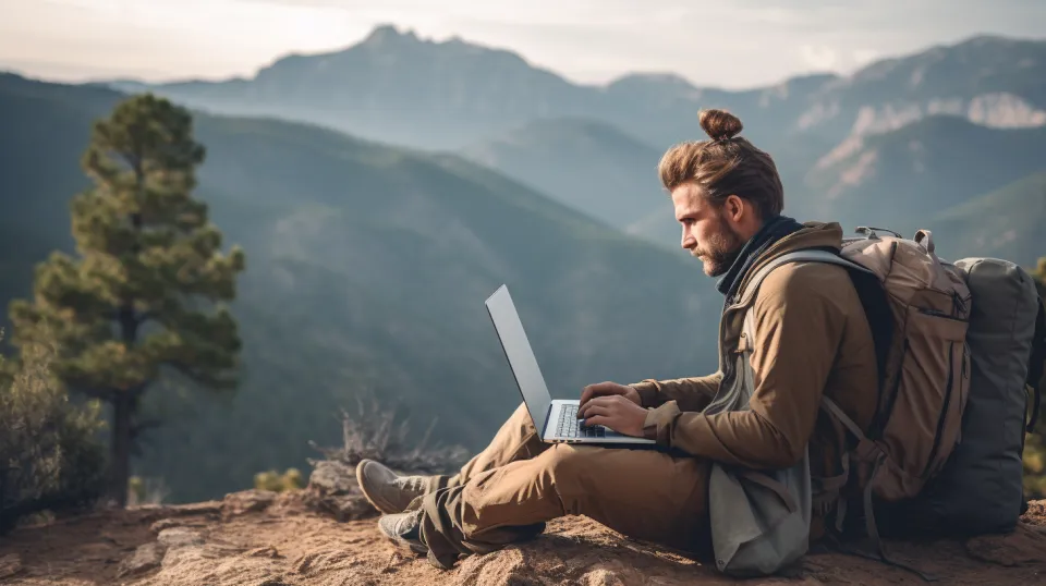 Mountain landscape with a person working on a laptop in nature