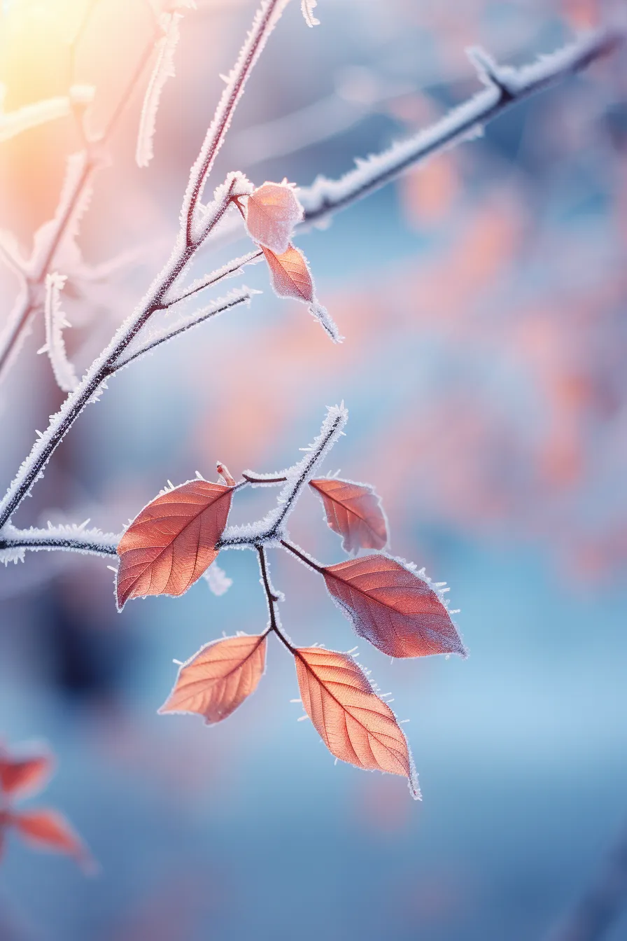Frozen leaves with frost on tree branches in a winter forest
